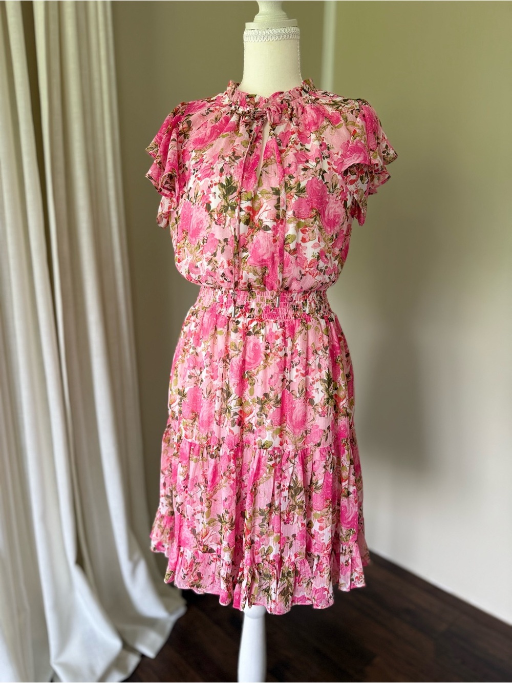 MSK Smocked Waist Tie Crew Neck Dress Pink Floral Ruffle Mini Dress fairycore S - Picture 6 of 12